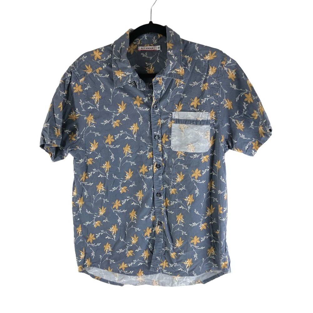 Altamar Mens Short Sleeve Floral Button-Up Shirt Cotton Blend Blue Yellow Size M